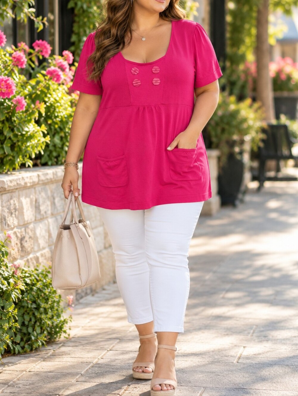 AE CITY Plus Size Hot Pink Scoop Neck Short Sleeve Knit Tunic Top Pockets